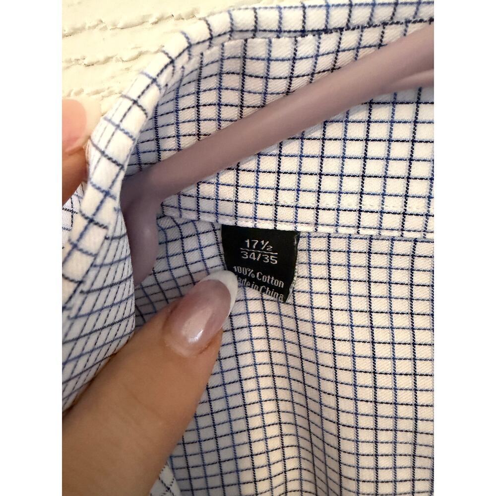David Donahue Blue Check Dress Shirt 17.5 34/35 100% Cotton Button Down - Picture 7 of 7